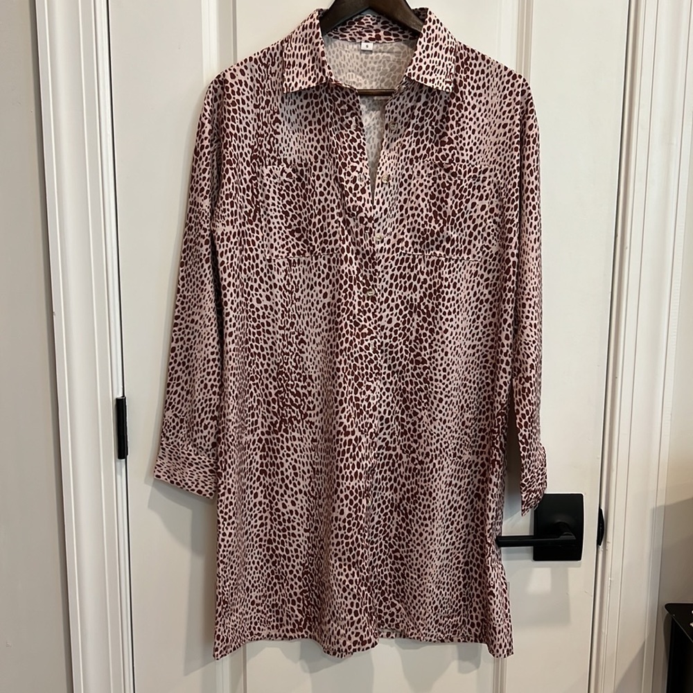 Women’s Cheetah Print Shirt Dress Button Up Long Sleeve Animal Print Size Small